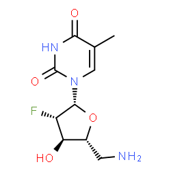 ChemSpider 2D Image | 1-(5-Amino-2,5-dideoxy-2-fluoro-beta-D-arabinofuranosyl)-5-methyl-2,4(1H,3H)-pyrimidinedione | C10H14FN3O4