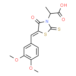 ChemSpider 2D Image | 2-[(5Z)-5-(3,4-Dimethoxybenzylidene)-4-oxo-2-thioxo-1,3-thiazolidin-3-yl]propanoic acid | C15H15NO5S2