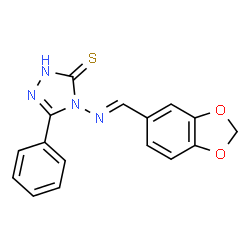 ChemSpider 2D Image | 4-{[(E)-1,3-Benzodioxol-5-ylmethylene]amino}-5-phenyl-4H-1,2,4-triazole-3-thiol | C16H12N4O2S