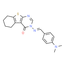 ChemSpider 2D Image | 3-{(E)-[4-(Dimethylamino)benzylidene]amino}-5,6,7,8-tetrahydro[1]benzothieno[2,3-d]pyrimidin-4(3H)-one | C19H20N4OS