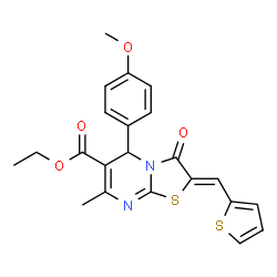 ChemSpider 2D Image | Ethyl (2Z)-5-(4-methoxyphenyl)-7-methyl-3-oxo-2-(2-thienylmethylene)-2,3-dihydro-5H-[1,3]thiazolo[3,2-a]pyrimidine-6-carboxylate | C22H20N2O4S2