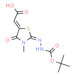 ChemSpider 2D Image | (2Z)-{(2E)-2-[(tert-Butoxycarbonyl)hydrazono]-3-methyl-4-oxo-1,3-thiazolidin-5-ylidene}acetic acid | C11H15N3O5S