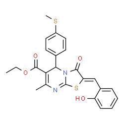 ChemSpider 2D Image | Ethyl (2Z)-2-(2-hydroxybenzylidene)-7-methyl-5-[4-(methylsulfanyl)phenyl]-3-oxo-2,3-dihydro-5H-[1,3]thiazolo[3,2-a]pyrimidine-6-carboxylate | C24H22N2O4S2