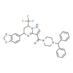 ChemSpider 2D Image | [5-(1,3-Benzodioxol-5-yl)-7-(trifluoromethyl)-1,5,6,7-tetrahydropyrazolo[1,5-a]pyrimidin-3-yl][4-(diphenylmethyl)-1-piperazinyl]methanone | C32H30F3N5O3