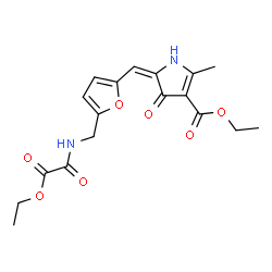 ChemSpider 2D Image | Ethyl (5E)-5-{[5-({[ethoxy(oxo)acetyl]amino}methyl)-2-furyl]methylene}-2-methyl-4-oxo-4,5-dihydro-1H-pyrrole-3-carboxylate | C18H20N2O7