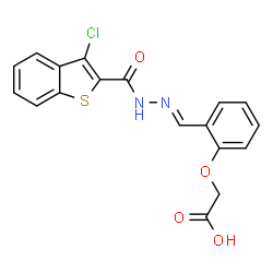 ChemSpider 2D Image | {2-[(E)-{[(3-Chloro-1-benzothiophen-2-yl)carbonyl]hydrazono}methyl]phenoxy}acetic acid | C18H13ClN2O4S