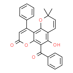 ChemSpider 2D Image | 6-Benzoyl-5-hydroxy-2,2-dimethyl-10-phenyl-2H,8H-pyrano[2,3-f]chromen-8-one | C27H20O5