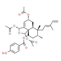 ChemSpider 2D Image | (1S,3R,5R,6aS,7R,8R,10S,10aS)-1,3,5-Triacetoxy-7,8-dimethyl-7-[(2E)-3-methyl-2,4-pentadien-1-yl]-3,5,6,6a,7,8,9,10-octahydronaphtho[1,8a-c]furan-10-yl 4-hydroxybenzoate | C33H40O10