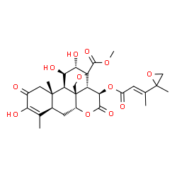 ChemSpider 2D Image | Methyl (11beta,12alpha,13xi,15beta)-3,11,12-trihydroxy-15-{[(2E)-3-(2-methyl-2-oxiranyl)-2-butenoyl]oxy}-2,16-dioxo-13,20-epoxypicras-3-en-21-oate | C28H34O12