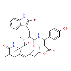 ChemSpider 2D Image | (15E)-7-[(2-Bromo-1H-indol-3-yl)methyl]-4-(4-hydroxyphenyl)-8,10,13,15,17,19-hexamethyl-1-oxa-5,8,11-triazacyclononadec-15-ene-2,6,9,12-tetrone | C36H45BrN4O6