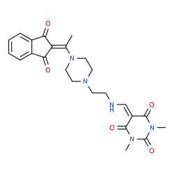ChemSpider 2D Image | 5-[[2-[4-[1-(1,3-dioxo-2-indenylidene)ethyl]-1-piperazinyl]ethylamino]methylidene]-1,3-dimethyl-1,3-diazinane-2,4,6-trione | C24H27N5O5