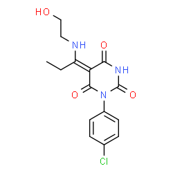 ChemSpider 2D Image | (5E)-1-(4-Chlorophenyl)-5-{1-[(2-hydroxyethyl)amino]propylidene}-2,4,6(1H,3H,5H)-pyrimidinetrione | C15H16ClN3O4
