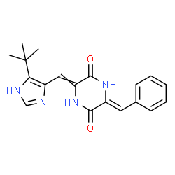 ChemSpider 2D Image | (3Z)-3-Benzylidene-6-{[5-(2-methyl-2-propanyl)-1H-imidazol-4-yl]methylene}-2,5-piperazinedione | C19H20N4O2