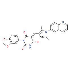 ChemSpider 2D Image | (5E)-1-(1,3-Benzodioxol-5-yl)-5-{[2,5-dimethyl-1-(6-quinolinyl)-1H-pyrrol-3-yl]methylene}-2,4,6(1H,3H,5H)-pyrimidinetrione | C27H20N4O5