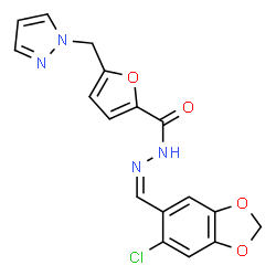 ChemSpider 2D Image | N'-[(Z)-(6-Chloro-1,3-benzodioxol-5-yl)methylene]-5-(1H-pyrazol-1-ylmethyl)-2-furohydrazide | C17H13ClN4O4