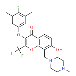 ChemSpider 2D Image | 3-(4-Chloro-3,5-dimethylphenoxy)-7-hydroxy-8-[(4-methyl-1-piperazinyl)methyl]-2-(trifluoromethyl)-4H-chromen-4-one | C24H24ClF3N2O4