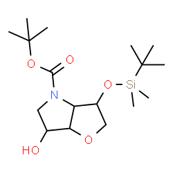 ChemSpider 2D Image | 2-Methyl-2-propanyl 3-{[dimethyl(2-methyl-2-propanyl)silyl]oxy}-6-hydroxyhexahydro-4H-furo[3,2-b]pyrrole-4-carboxylate | C17H33NO5Si