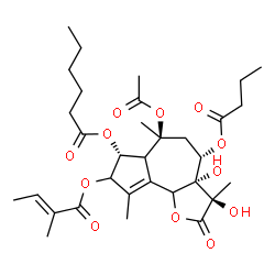 ChemSpider 2D Image | (3R,3aS,4S,6S,7R)-6-Acetoxy-4-(butyryloxy)-3,3a-dihydroxy-3,6,9-trimethyl-8-{[(2E)-2-methyl-2-butenoyl]oxy}-2-oxo-2,3,3a,4,5,6,6a,7,8,9b-decahydroazuleno[4,5-b]furan-7-yl hexanoate | C32H46O12