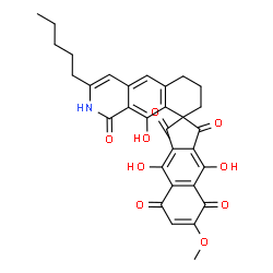 ChemSpider 2D Image | 4',9',10-Trihydroxy-6'-methoxy-3-pentyl-7,8-dihydro-2H-spiro[benzo[g]isoquinoline-9,2'-cyclopenta[b]naphthalene]-1,1',3',5',8'(6H)-pentone | C31H27NO9