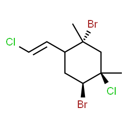 ChemSpider 2D Image | (1R,4S,5R)-1,4-Dibromo-5-chloro-2-[(E)-2-chlorovinyl]-1,5-dimethylcyclohexane | C10H14Br2Cl2