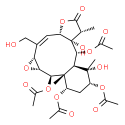 ChemSpider 2D Image | (1aR,2Z,3aS,6R,6aS,7R,7aS,8S,9R,11S,11aR,12R,12aR)-6a,8-Dihydroxy-2-(hydroxymethyl)-6,8,11a-trimethyl-5-oxo-1a,3a,5,6,6a,7,7a,8,9,10,11,11a,12,12a-tetradecahydrobenzo[4,5]oxireno[7,8]cyclodeca[1,2-b]f
uran-7,9,11,12-tetrayl tetraacetate | C28H38O14