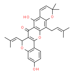 ChemSpider 2D Image | 3,8-Dihydroxy-11,11-dimethyl-13-(3-methyl-2-buten-1-yl)-6-(2-methyl-1-propen-1-yl)-6H,7H,11H-chromeno[4,3-b]pyrano[3,2-g]chromen-7-one | C30H30O6