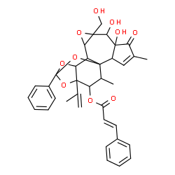 ChemSpider 2D Image | 6,7-Dihydroxy-8-(hydroxymethyl)-16-isopropenyl-4,18-dimethyl-5-oxo-14-phenyl-9,13,15,19-tetraoxahexacyclo[12.4.1.0~1,11~.0~2,6~.0~8,10~.0~12,16~]nonadec-3-en-17-yl (2E)-3-phenylacrylate | C36H36O10