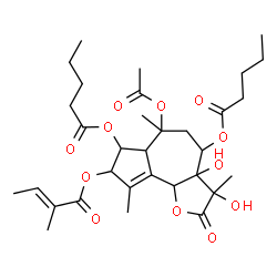 ChemSpider 2D Image | 6-Acetoxy-3,3a-dihydroxy-3,6,9-trimethyl-8-{[(2E)-2-methyl-2-butenoyl]oxy}-2-oxo-2,3,3a,4,5,6,6a,7,8,9b-decahydroazuleno[4,5-b]furan-4,7-diyl dipentanoate | C32H46O12