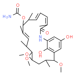 ChemSpider 2D Image | 20,22-Dihydroxy-13,14,17-trimethoxy-4,8,10,12,16-pentamethyl-3-oxo-2-azabicyclo[16.3.1]docosa-1(22),4,6,10,18,20-hexaen-9-yl carbamate | C30H44N2O8