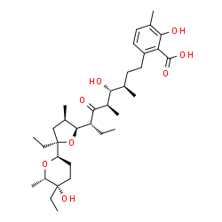 ChemSpider 2D Image | 6-[(3R,4R,5R,7S)-7-{(2S,3R,5R)-5-Ethyl-5-[(2R,5S,6S)-5-ethyl-5-hydroxy-6-methyltetrahydro-2H-pyran-2-yl]-3-methyltetrahydro-2-furanyl}-4-hydroxy-3,5-dimethyl-6-oxononyl]-2-hydroxy-3-methylbenzoic acid | C34H54O8