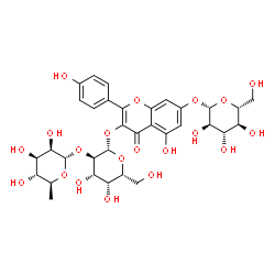 ChemSpider 2D Image | 7-(beta-D-Glucopyranosyloxy)-5-hydroxy-2-(4-hydroxyphenyl)-4-oxo-4H-chromen-3-yl 2-O-(6-deoxy-alpha-L-mannopyranosyl)-beta-D-galactopyranoside | C33H40O20
