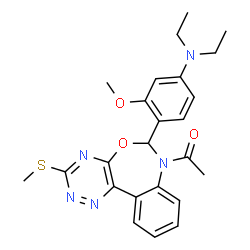 ChemSpider 2D Image | 1-{6-[4-(Diethylamino)-2-methoxyphenyl]-3-(methylsulfanyl)[1,2,4]triazino[5,6-d][3,1]benzoxazepin-7(6H)-yl}ethanone | C24H27N5O3S