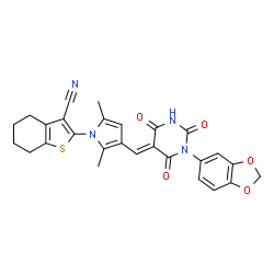 ChemSpider 2D Image | 2-(3-{(E)-[1-(1,3-Benzodioxol-5-yl)-2,4,6-trioxotetrahydro-5(2H)-pyrimidinylidene]methyl}-2,5-dimethyl-1H-pyrrol-1-yl)-4,5,6,7-tetrahydro-1-benzothiophene-3-carbonitrile | C27H22N4O5S