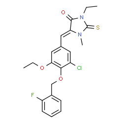 ChemSpider 2D Image | (5Z)-5-{3-Chloro-5-ethoxy-4-[(2-fluorobenzyl)oxy]benzylidene}-3-ethyl-1-methyl-2-thioxo-4-imidazolidinone | C22H22ClFN2O3S