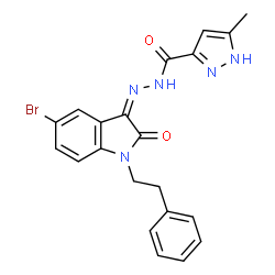 ChemSpider 2D Image | N'-[(3Z)-5-bromo-2-oxo-1-(2-phenylethyl)indol-3-ylidene]-5-methyl-2H-pyrazole-3-carbohydrazide | C21H18BrN5O2