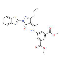 ChemSpider 2D Image | Dimethyl 5-({(1Z)-1-[1-(1,3-benzothiazol-2-yl)-5-oxo-3-propyl-1,5-dihydro-4H-pyrazol-4-ylidene]ethyl}amino)isophthalate | C25H24N4O5S