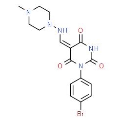 ChemSpider 2D Image | (5E)-1-(4-Bromophenyl)-5-{[(4-methyl-1-piperazinyl)amino]methylene}-2,4,6(1H,3H,5H)-pyrimidinetrione | C16H18BrN5O3