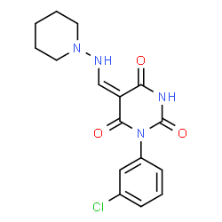 ChemSpider 2D Image | (5E)-1-(3-Chlorophenyl)-5-[(1-piperidinylamino)methylene]-2,4,6(1H,3H,5H)-pyrimidinetrione | C16H17ClN4O3