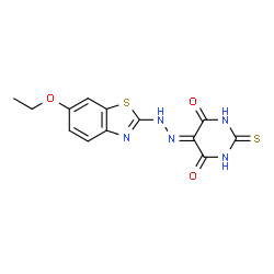 ChemSpider 2D Image | 5-[(6-Ethoxy-1,3-benzothiazol-2-yl)hydrazono]-2-thioxodihydro-4,6(1H,5H)-pyrimidinedione | C13H11N5O3S2