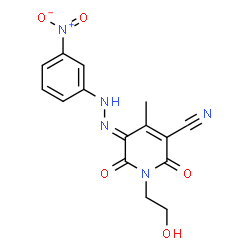ChemSpider 2D Image | (5E)-1-(2-Hydroxyethyl)-4-methyl-5-[(3-nitrophenyl)hydrazono]-2,6-dioxo-1,2,5,6-tetrahydro-3-pyridinecarbonitrile | C15H13N5O5