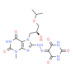 ChemSpider 2D Image | 5-({7-[(2S)-2-Hydroxy-3-isopropoxypropyl]-3-methyl-2,6-dioxo-2,3,6,7-tetrahydro-1H-purin-8-yl}hydrazono)-2,4,6(1H,3H,5H)-pyrimidinetrione | C16H20N8O7