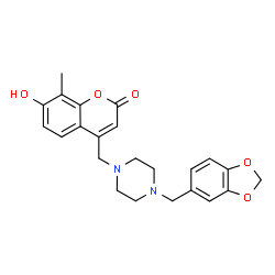 ChemSpider 2D Image | 4-{[4-(1,3-Benzodioxol-5-ylmethyl)-1-piperazinyl]methyl}-7-hydroxy-8-methyl-2H-chromen-2-one | C23H24N2O5