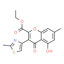 ChemSpider 2D Image | Ethyl 5-hydroxy-7-methyl-3-(2-methyl-1,3-thiazol-4-yl)-4-oxo-4H-chromene-2-carboxylate | C17H15NO5S