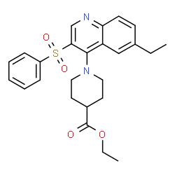ChemSpider 2D Image | Ethyl 1-[6-ethyl-3-(phenylsulfonyl)-4-quinolinyl]-4-piperidinecarboxylate | C25H28N2O4S