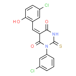 ChemSpider 2D Image | (5E)-5-(5-Chloro-2-hydroxybenzylidene)-1-(3-chlorophenyl)-2-thioxodihydro-4,6(1H,5H)-pyrimidinedione | C17H10Cl2N2O3S