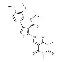 ChemSpider 2D Image | Ethyl 4-(3,4-dimethoxyphenyl)-2-{[(1,3-dimethyl-2,4,6-trioxotetrahydro-5(2H)-pyrimidinylidene)methyl]amino}-3-thiophenecarboxylate | C22H23N3O7S