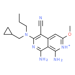 ChemSpider 2D Image | 1,8-Diamino-5-cyano-6-[(cyclopropylmethyl)(propyl)amino]-3-methoxy-2,7-naphthyridin-2-ium | C17H23N6O