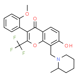 ChemSpider 2D Image | 7-Hydroxy-3-(2-methoxyphenyl)-8-[(2-methyl-1-piperidinyl)methyl]-2-(trifluoromethyl)-4H-chromen-4-one | C24H24F3NO4