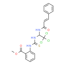 ChemSpider 2D Image | Methyl 2-{[(2,2,2-trichloro-1-{[(2E)-3-phenyl-2-propenoyl]amino}ethyl)carbamothioyl]amino}benzoate | C20H18Cl3N3O3S