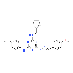 ChemSpider 2D Image | 4-methoxybenzaldehyde [4-[(2-furylmethyl)amino]-6-(4-methoxyanilino)-1,3,5-triazin-2-yl]hydrazone | C23H23N7O3
